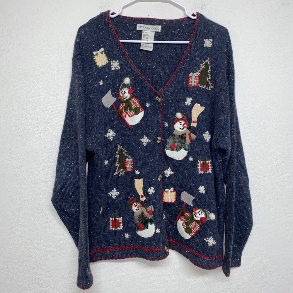 Vintage Snowman Granny Ugly Holiday Party Christmas Sweater Blue Button